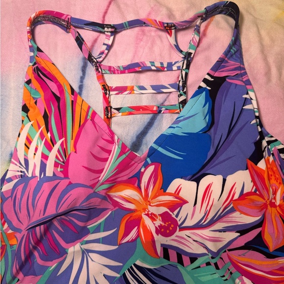 Aqua Green Tankini Swimsuit Top Vibrant Tropical Pattern Size X - Picture 2 of 6